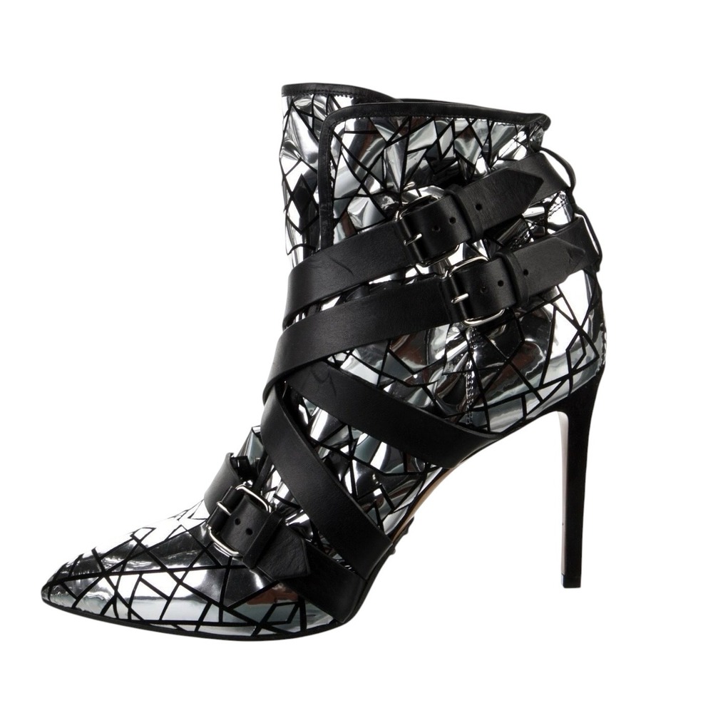 Balmain Jackie Mosaic Silver Mirrored Strappy Stiletto Ankle Boots EU 40 US 10 - Picture 2 of 13